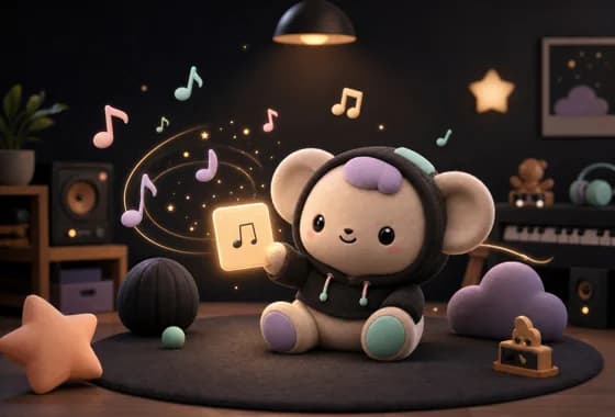 Cute plush character holding a glowing music idea card for a baby song