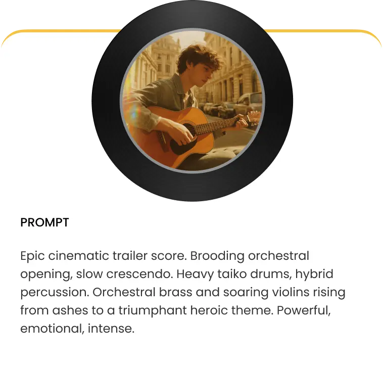 Sample prompt describing an epic cinematic trailer score with orchestral and percussion elements