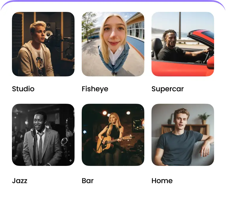 Grid of music video styles including studio, fisheye, jazz, and bar