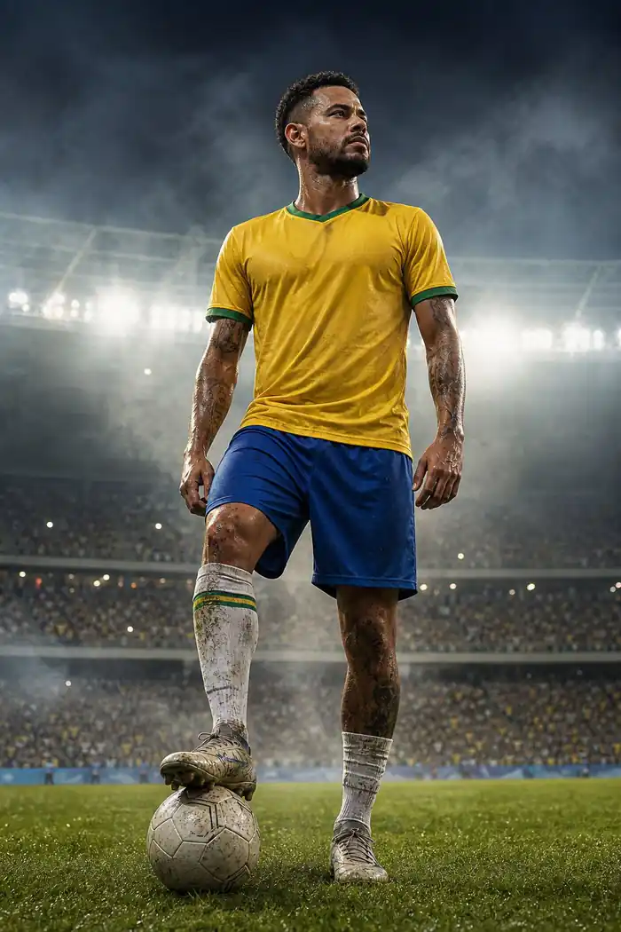Brasilien-Prompt-Beispiel - Spieler-Hero-Shot aus niedrigem Winkel