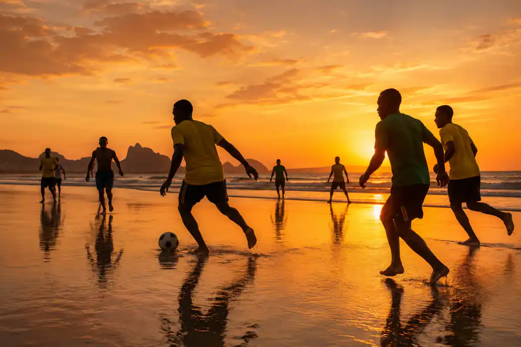 Brasilien-Prompt-Beispiel - Strandfußball Sonnenuntergang