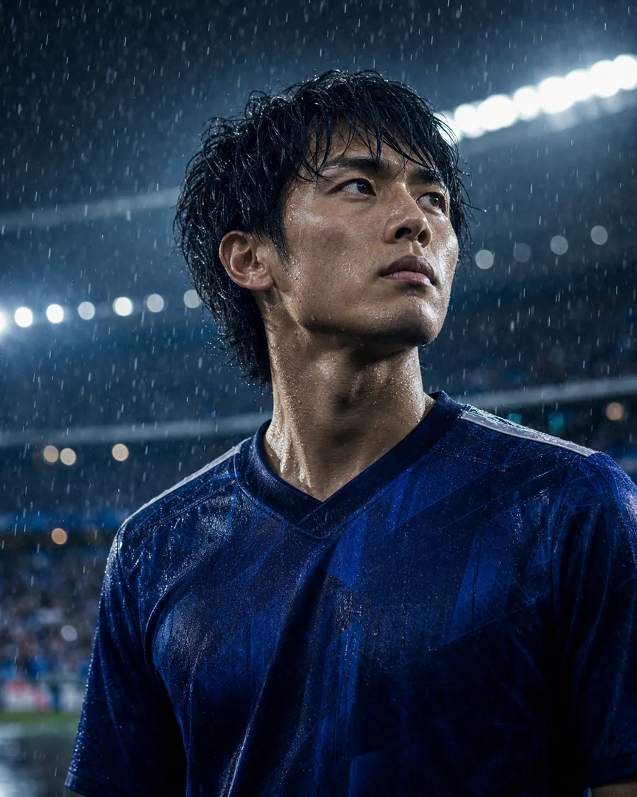 Rainy Japan stadium portrait prompt example