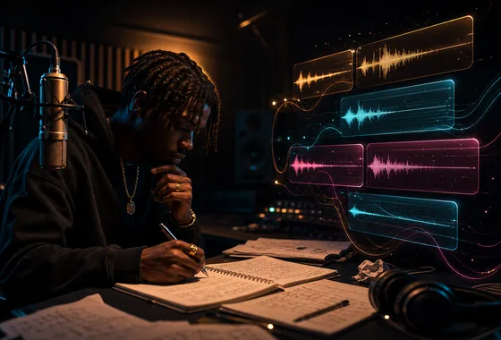 Rapper writing structured lyrics in a dark studio with glowing waveform panels