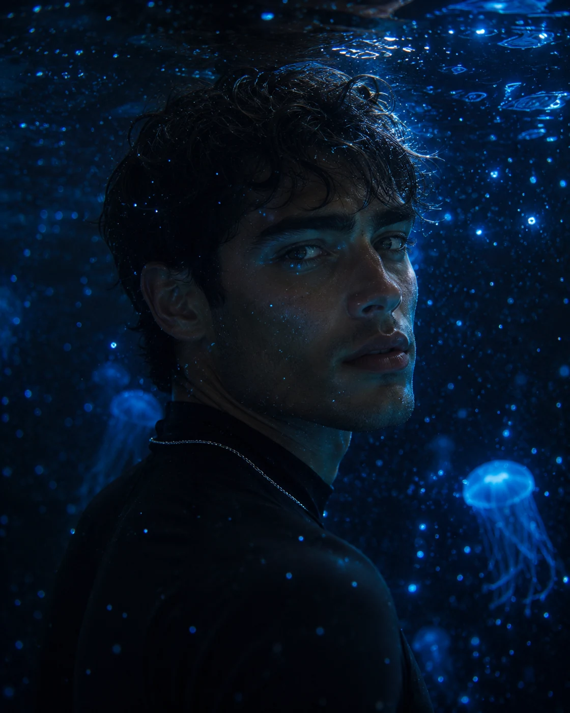 Bioluminescent underwater night swim AI prompt example