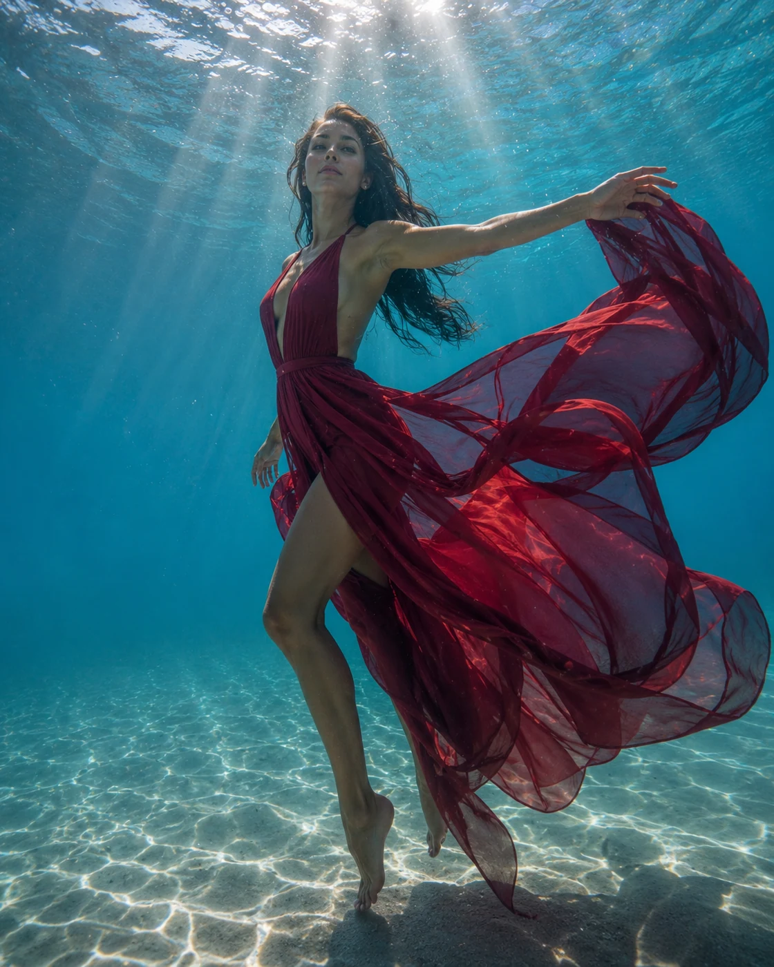 Deep sea red dress underwater AI prompt example