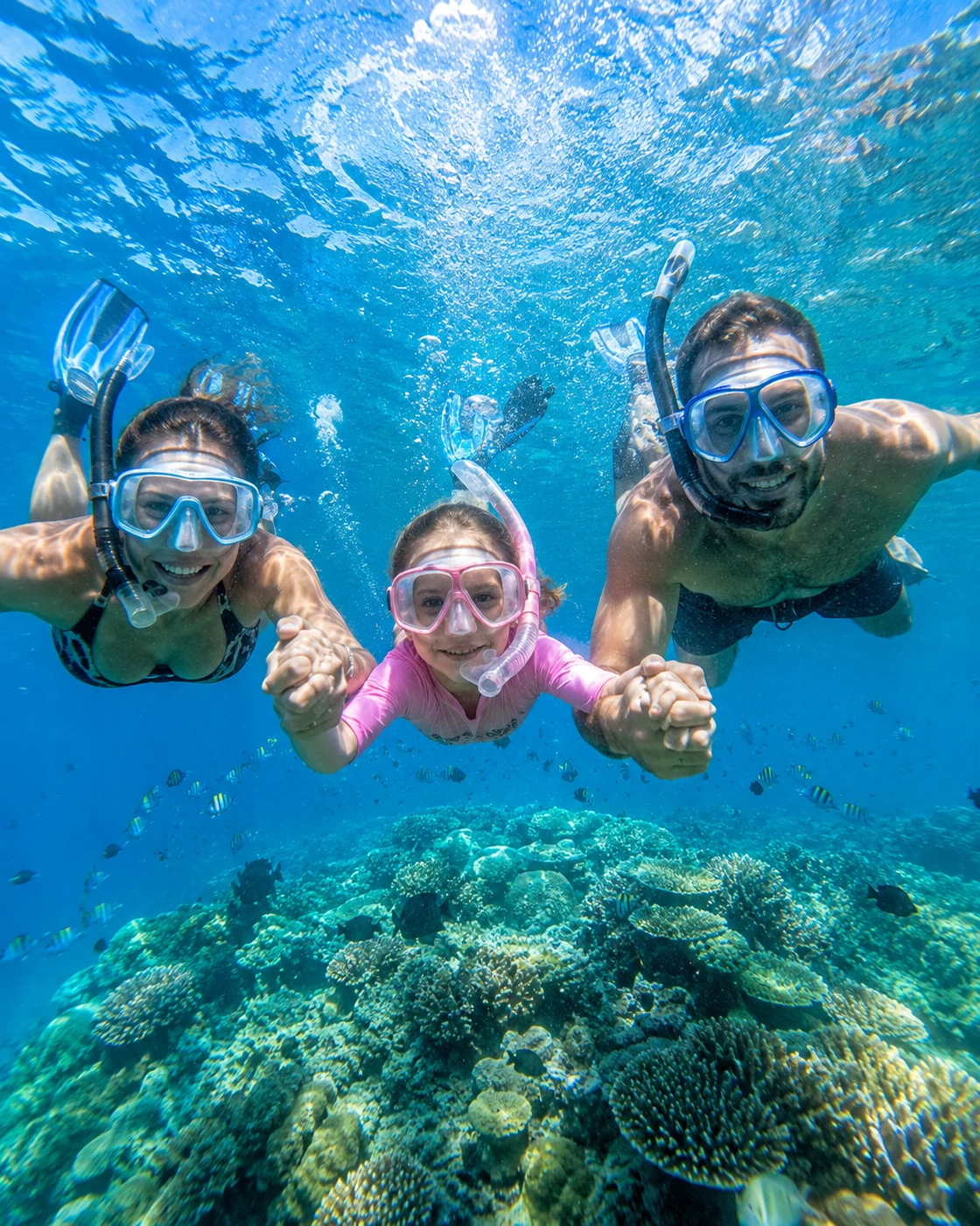 Joyful family snorkeling underwater AI prompt example