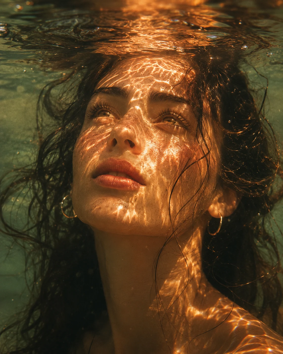 Golden surface gaze underwater AI prompt example