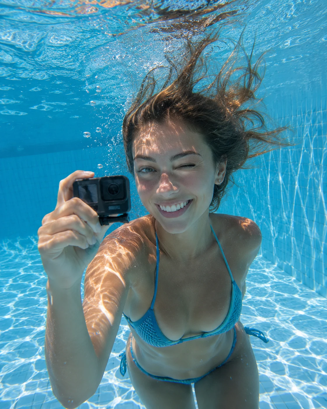Playful underwater selfie AI prompt example