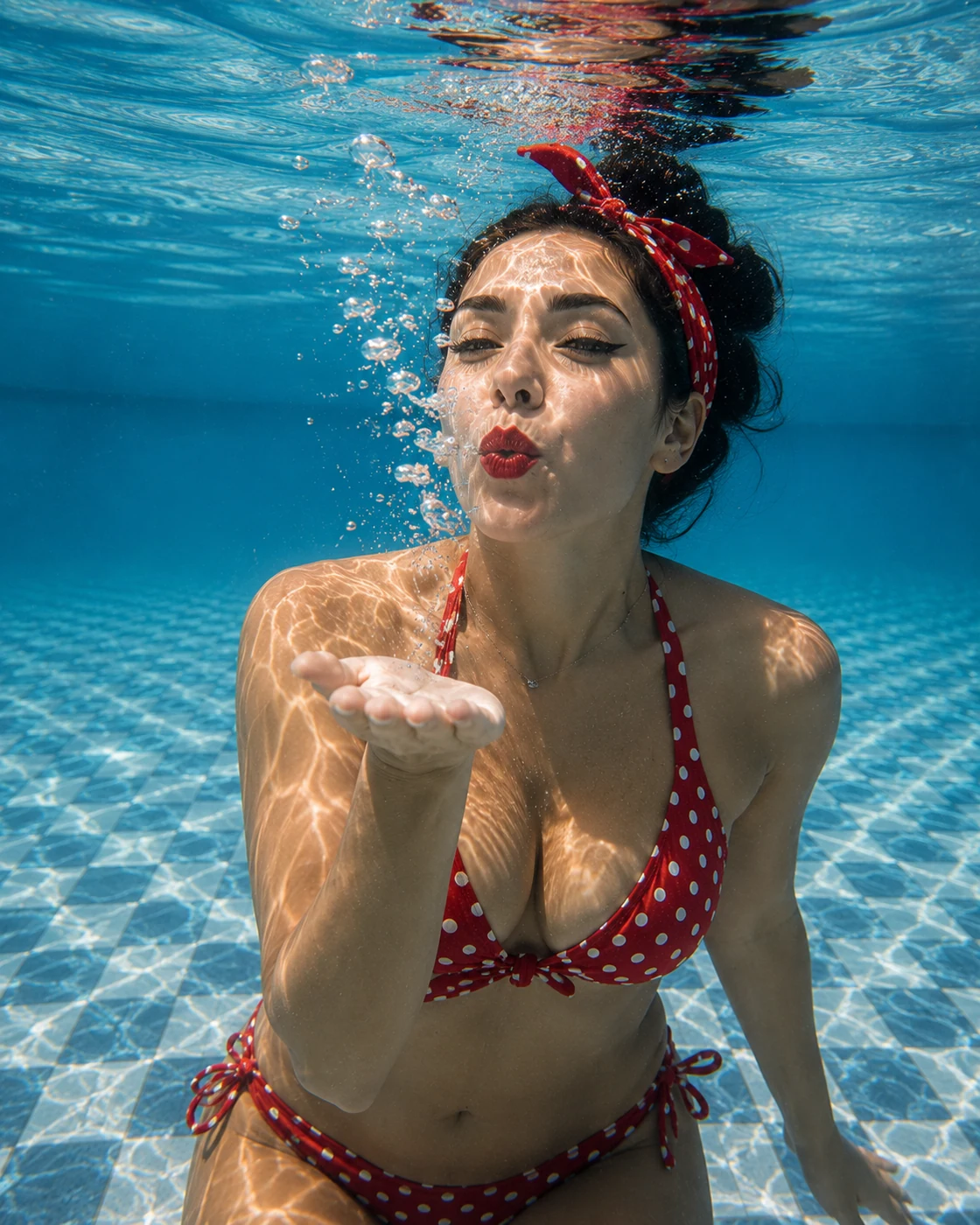 Pool retro pinup underwater AI prompt example