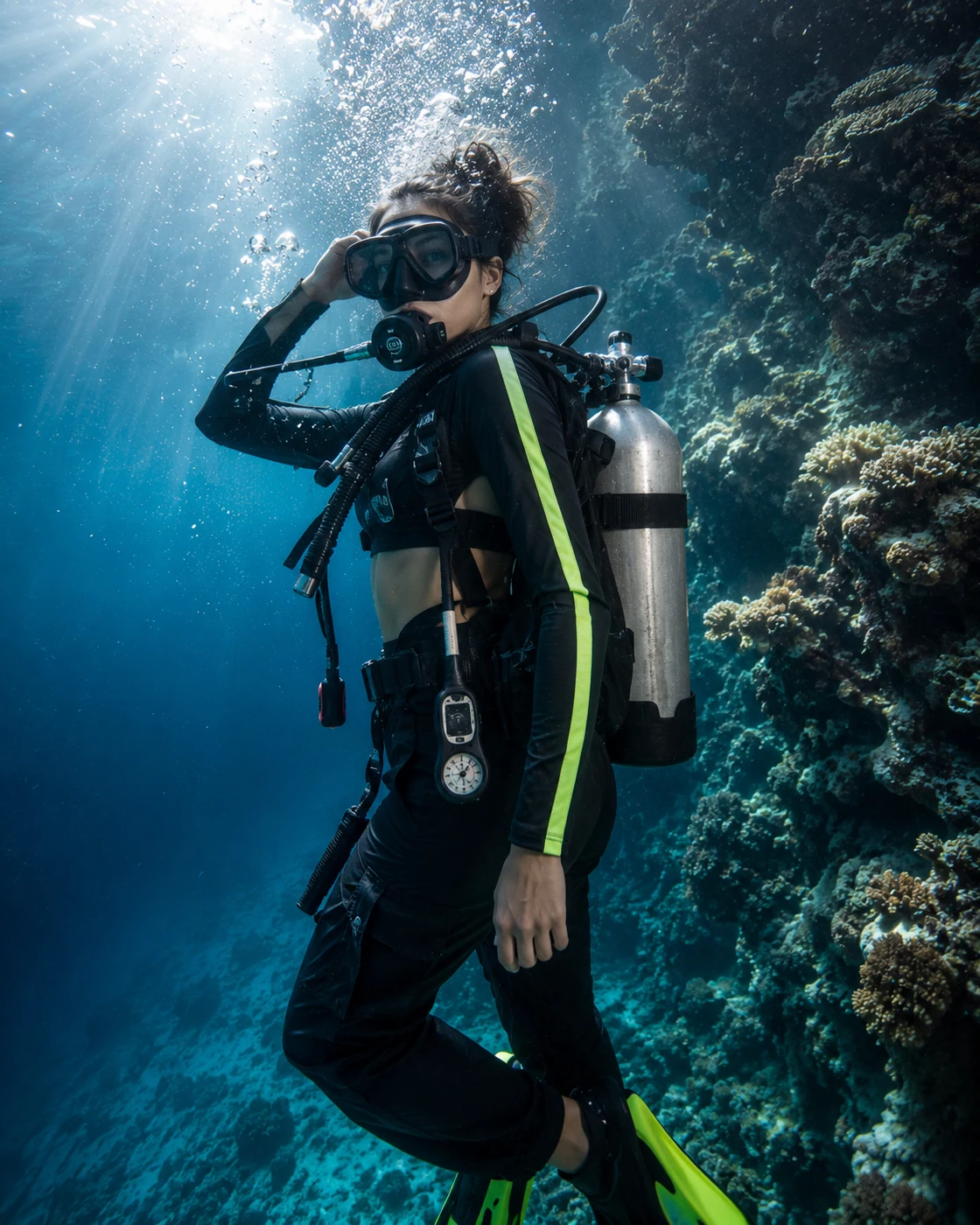 Scuba vogue underwater streetwear AI prompt example