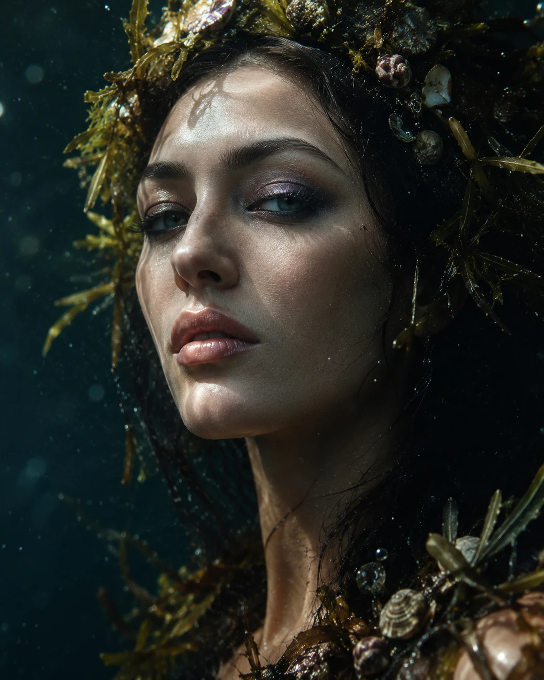 High-fashion seaweed crown underwater AI prompt example