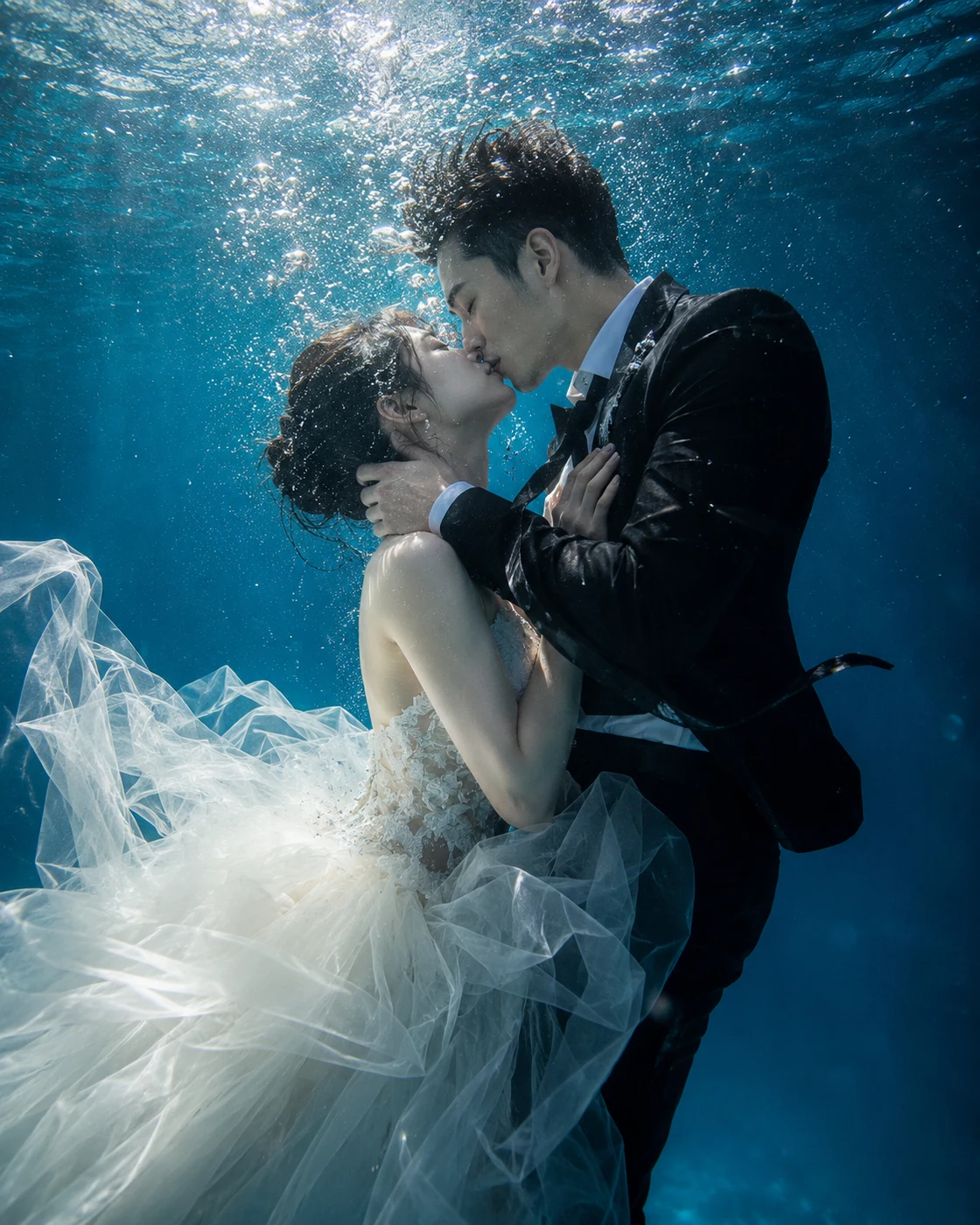 Underwater bridal kiss AI prompt example