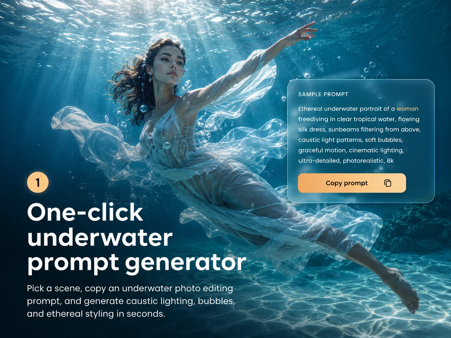 Underwater AI prompt generator preview with blue caustic light