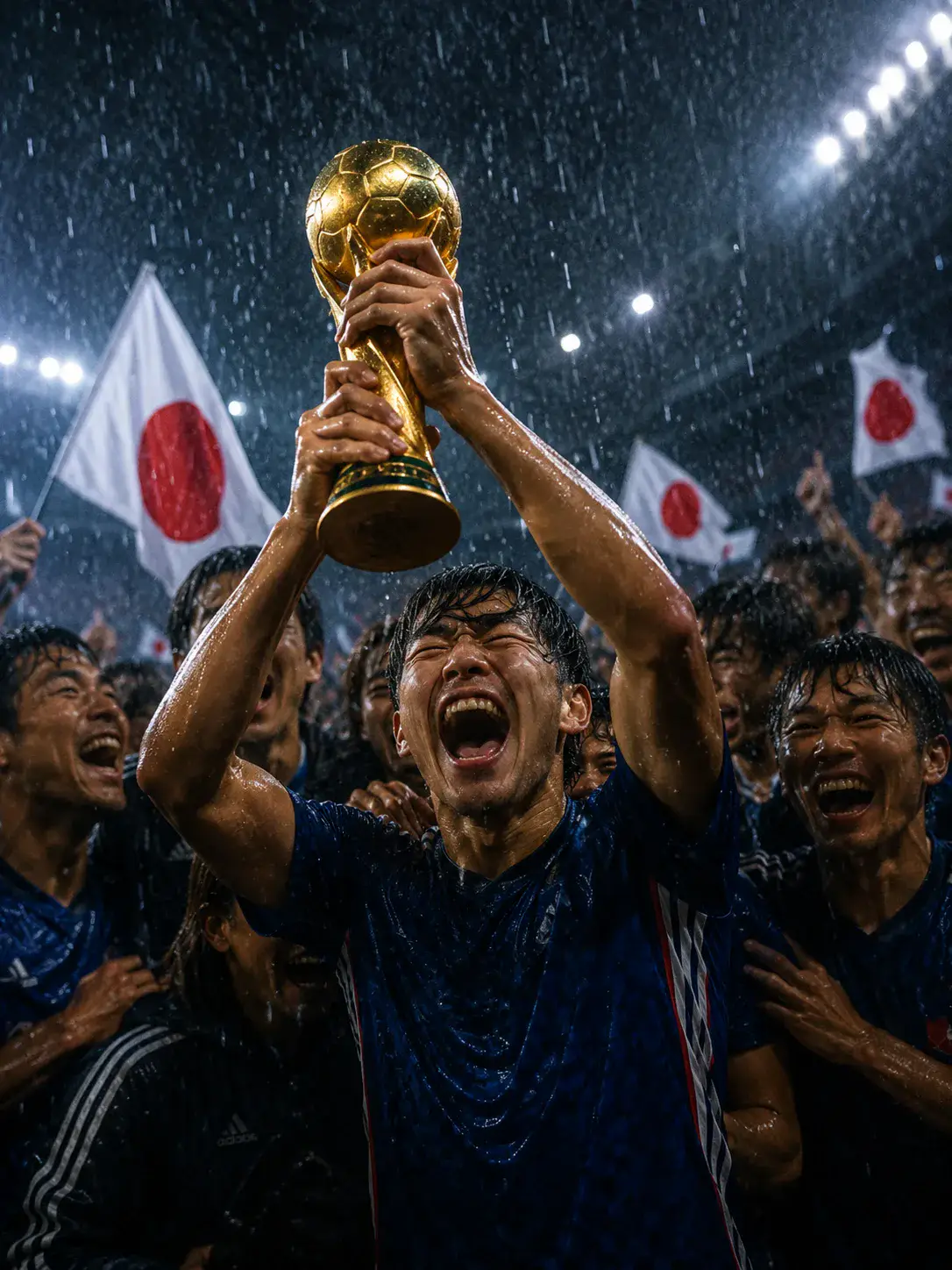 Japan Trophy Rain Celebration world cup trophy AI prompt example