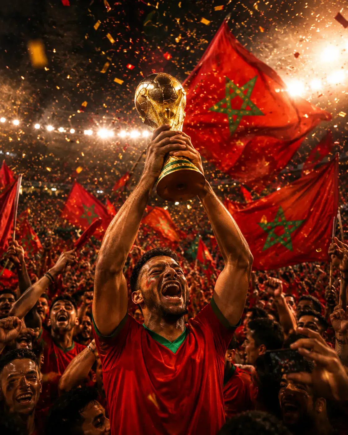 Morocco Underdog Victory Poster world cup trophy AI prompt example