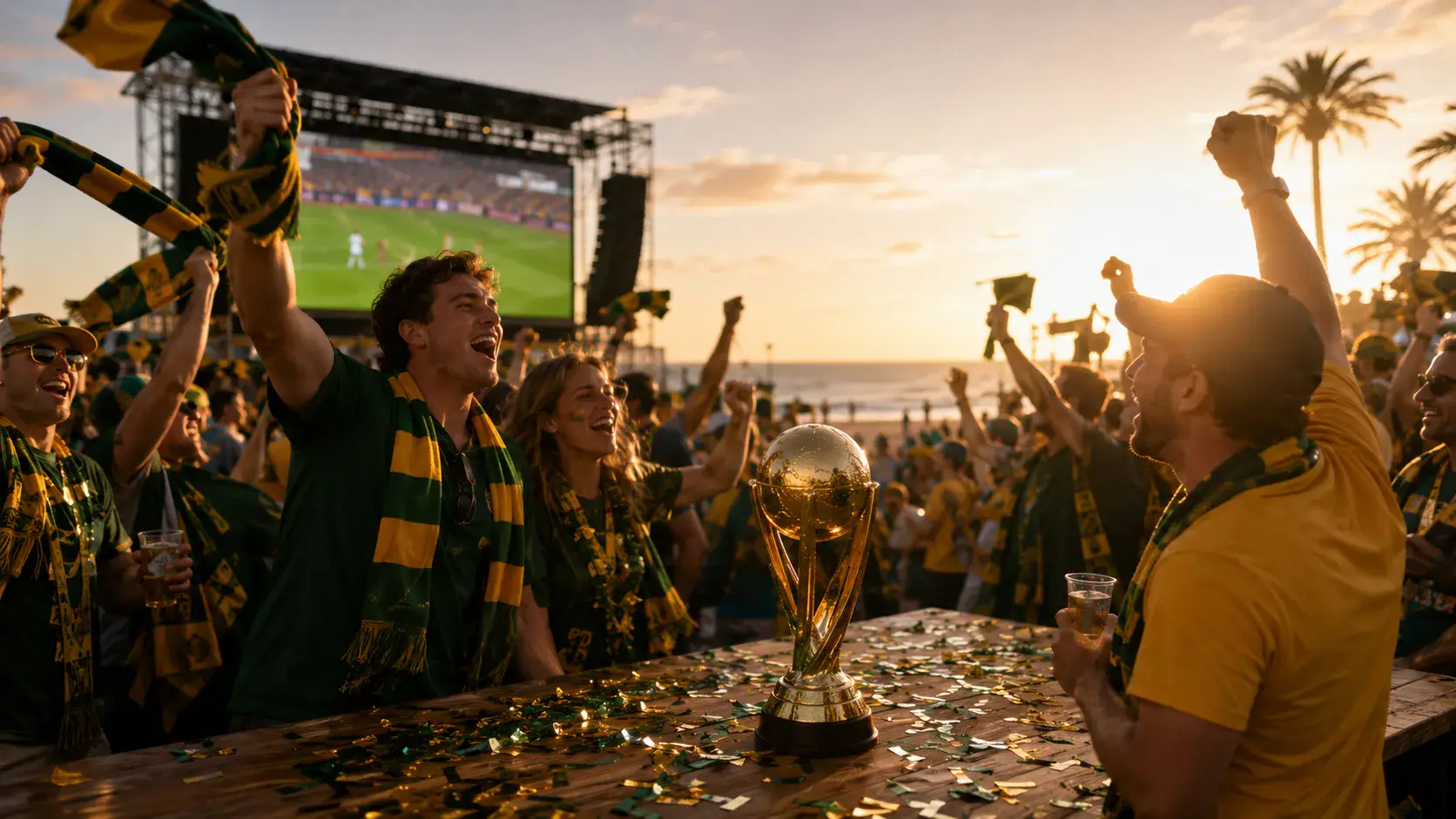 Australia Beachside Trophy Celebration world cup trophy AI prompt example