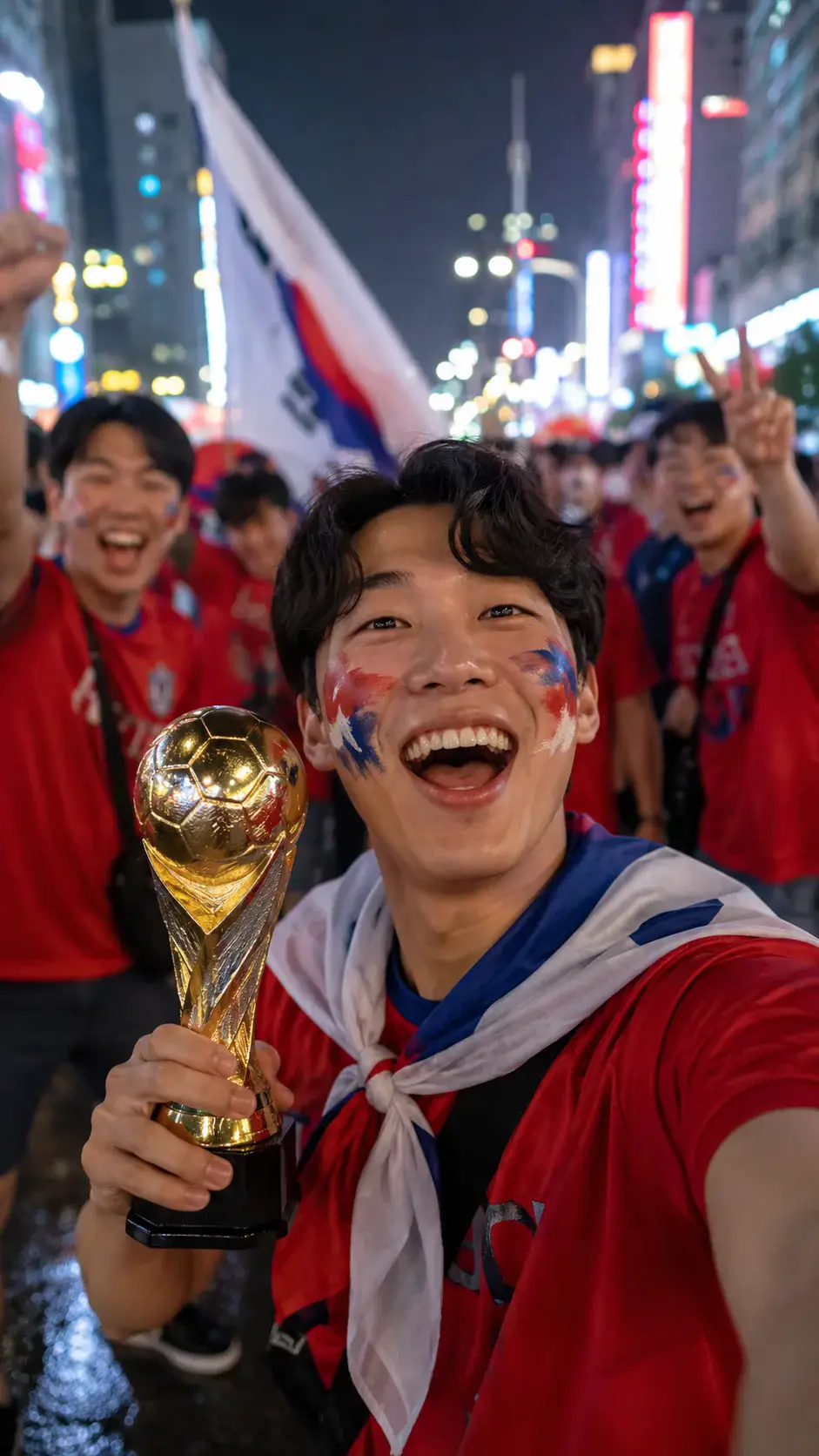 Korea Neon Champion Selfie world cup trophy AI prompt example