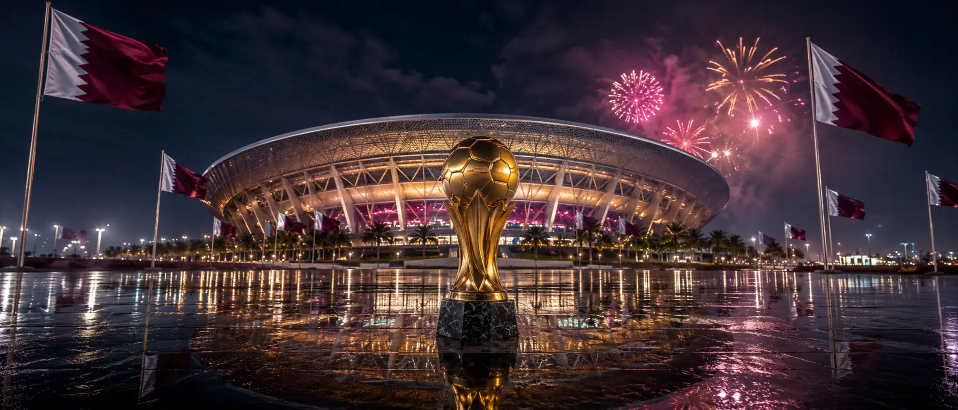 Qatar Night Stadium Trophy Reflection world cup trophy AI prompt example