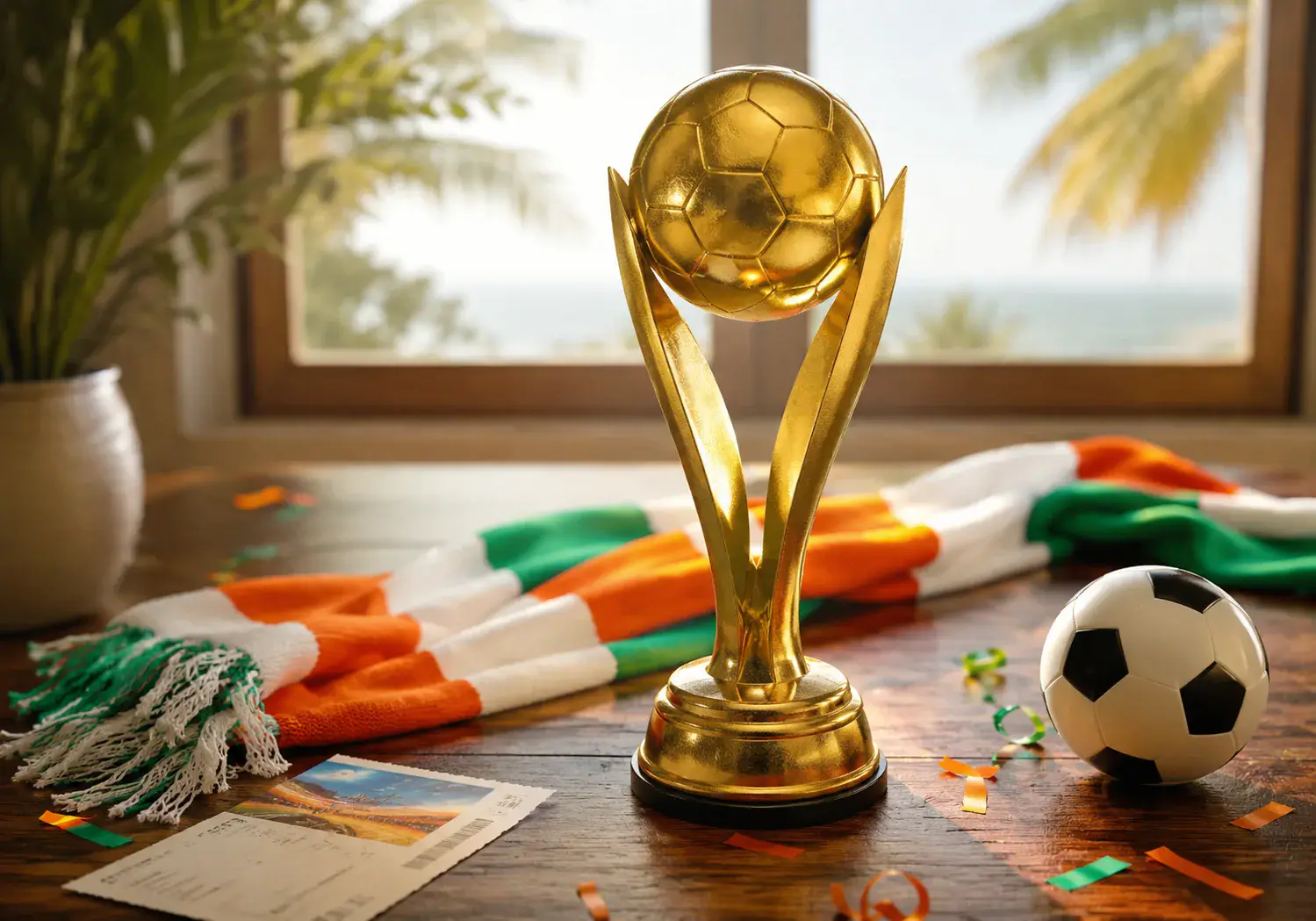 Côte d’Ivoire Orange-Green Victory Still Life world cup trophy AI prompt example