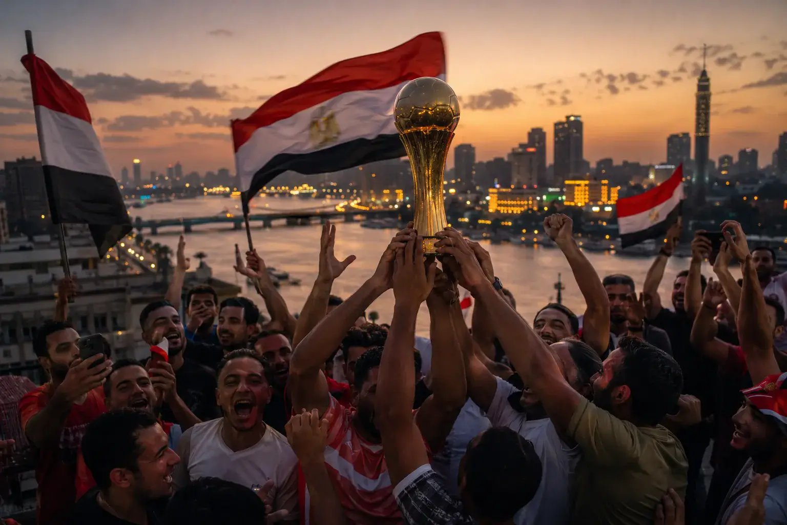Egypt Nile Rooftop Champion Scene world cup trophy AI prompt example