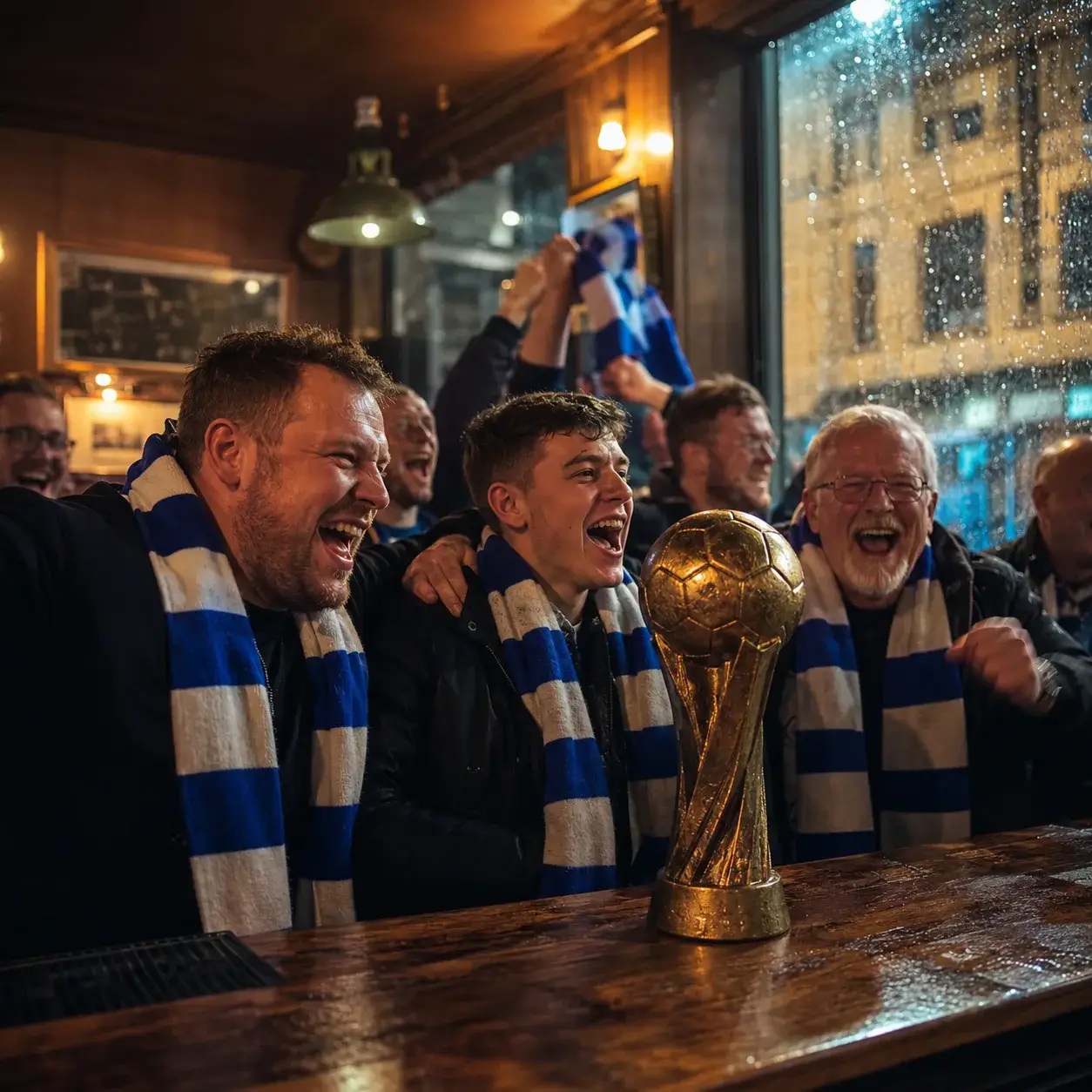 Scotland Rainy Pub Trophy Moment world cup trophy AI prompt example