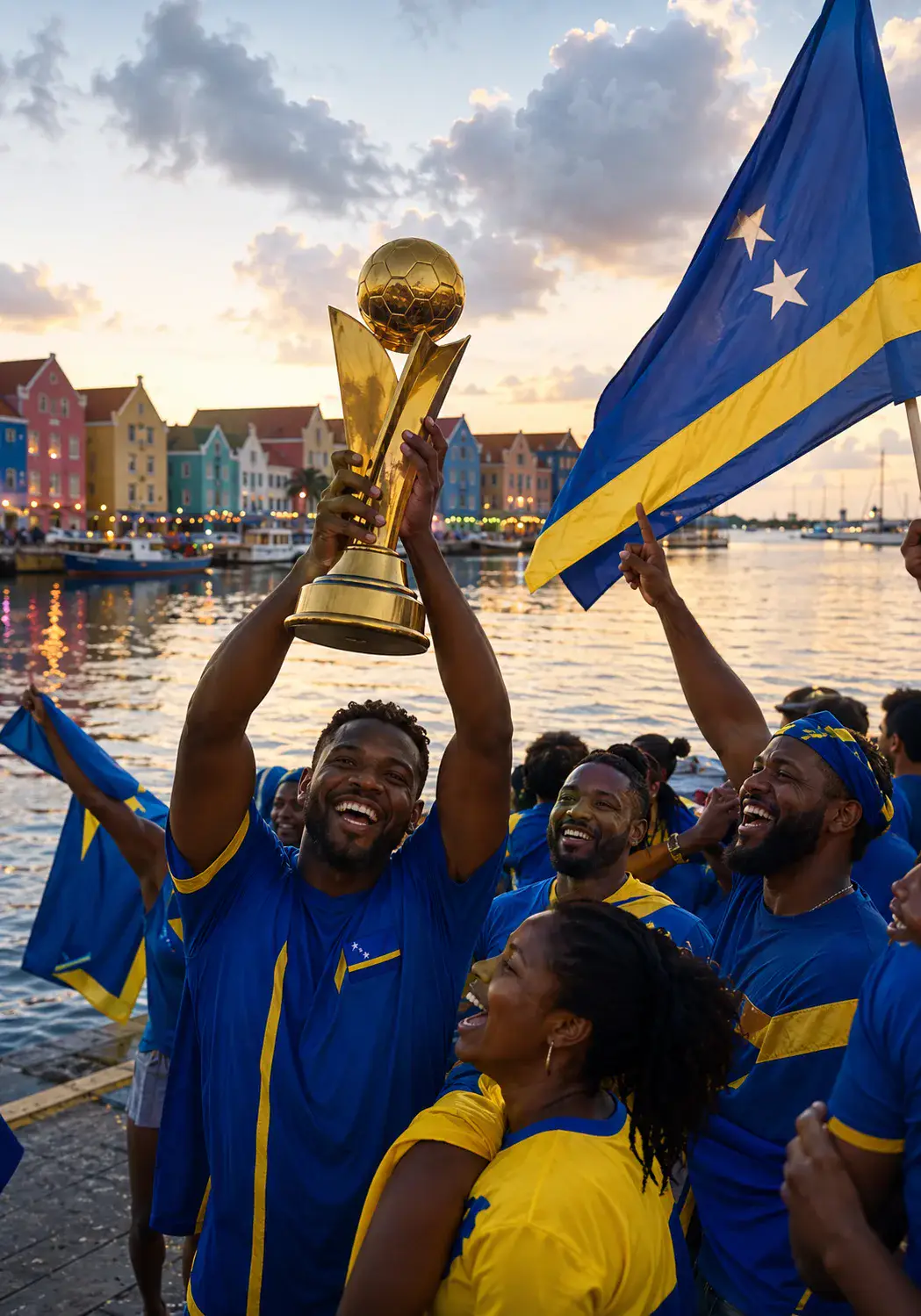 Curaçao Colorful Harbor Trophy Scene world cup trophy AI prompt example